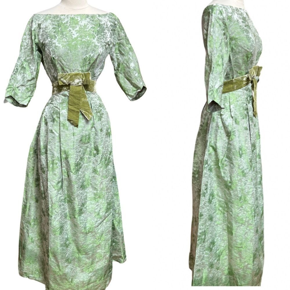 Vintage Handmade 50s 60s MCM Pistachio Green Brocade Formal Dinner Party Gown